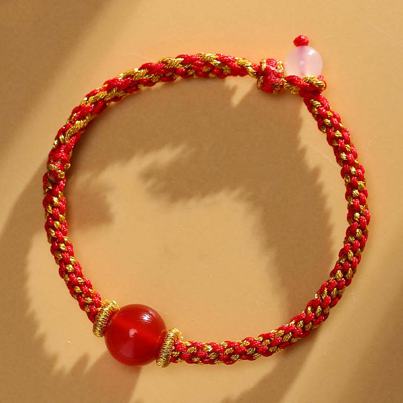 Handmade Red Agate Amethyst Golden Rutilated Quartz Pink Crystal Bead Calm Braided Bracelet