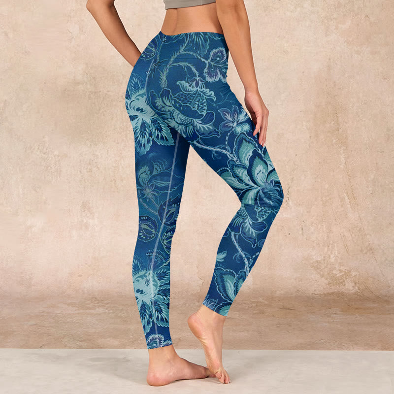 Blue Flowers Print Sports Fitness Leggings Women's Yoga Pants