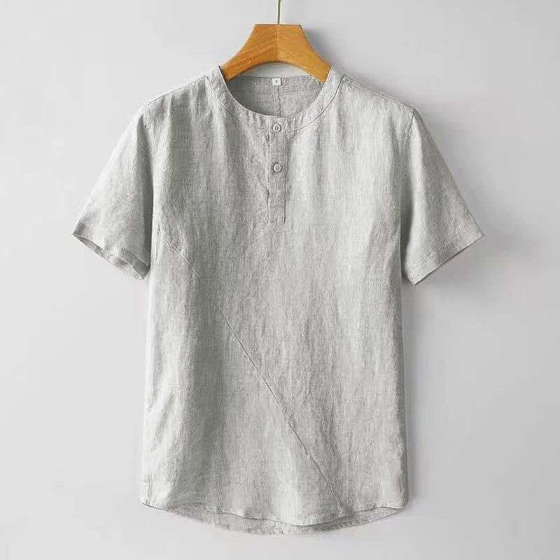 Summer Men's Solid Color Button Short Sleeve Linen Shirt