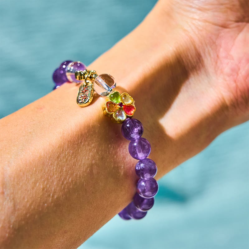 Natural Amethyst White Crystal Flower Healing Safe And Well Charm Bracelet