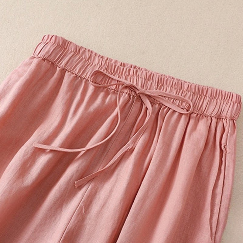 Pure Color Drawstring Frog-Button Cotton Linen Women's Harem Pants With Pockets