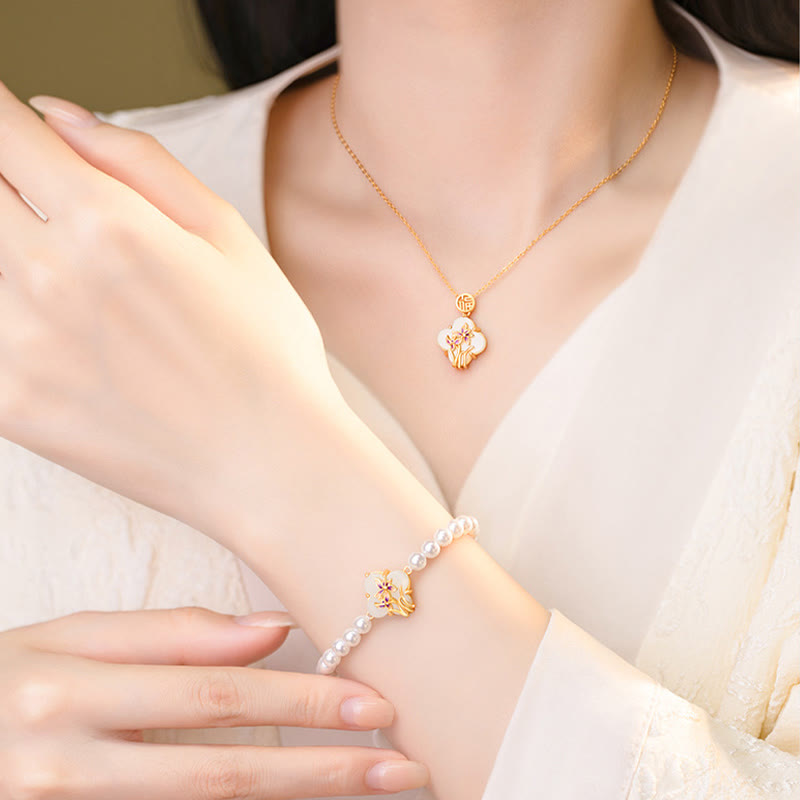 925 Sterling Silver Hetian Jade Orchid Four Leaf Clover Fu Character Pearl Luck Necklace Pendant Bracelet Set