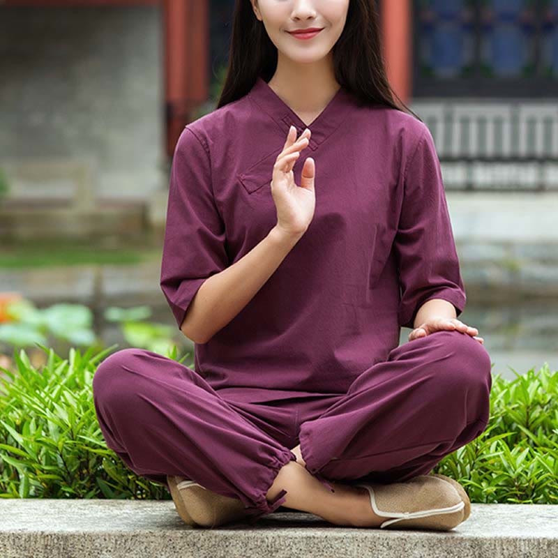 2Pcs Half Sleeve V-Neck Shirt Top Pants Meditation Zen Tai Chi Linen Clothing Women's Set