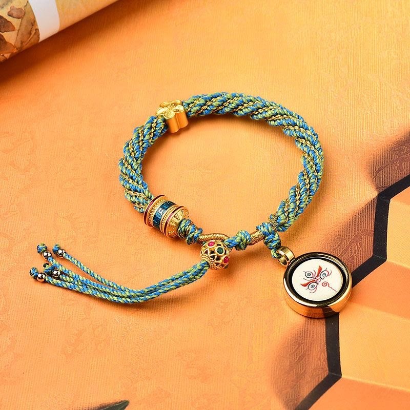 Tibet Handmade Five God Of Wealth Luck Thangka Amulet Prayer Wheel Flower Charm Weave String Bracelet