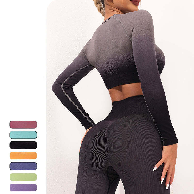Gradient Long Sleeve Crop Top Tee Bra Leggings Pants Fitness Yoga Outfit