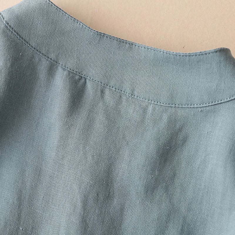 Casual Women's V-neck Three Quarter Sleeve Design Plain Cotton Linen Shirt