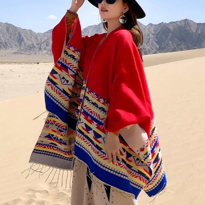 Tibetan Geometric Rhombus Pattern Tassels Shawl Fall Winter Warm Cozy Scarf Wrap