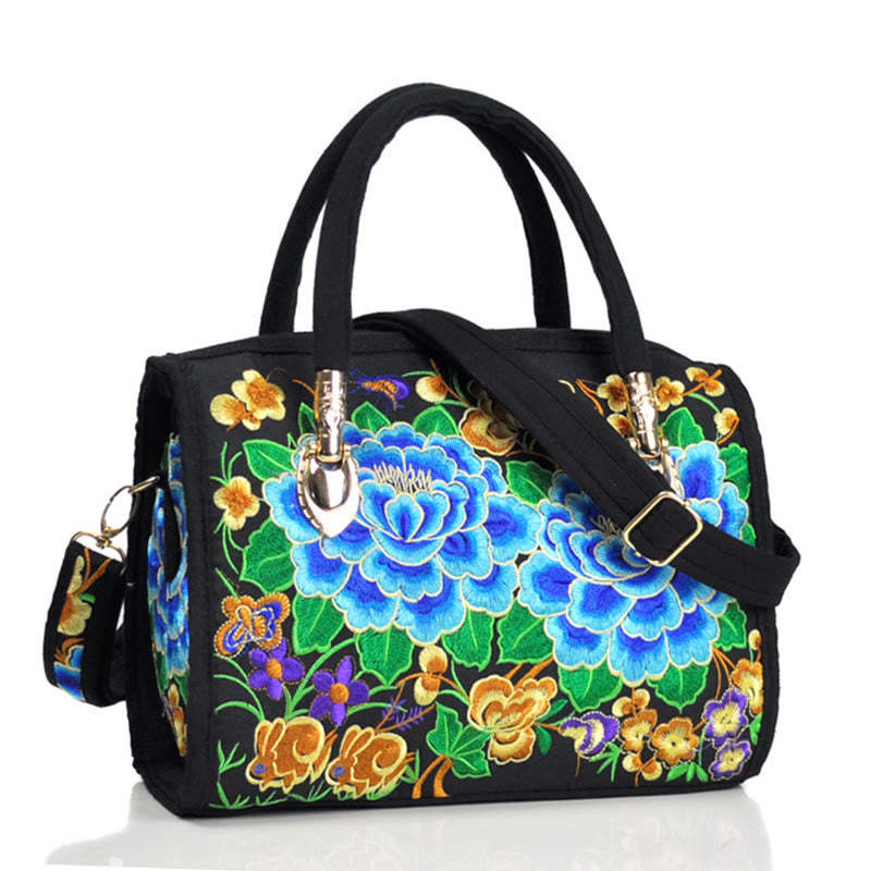 Money Tree Peony Camellia Double-Sided Embroidery Canvas Shopping Purse Handbag Crossbody Bag