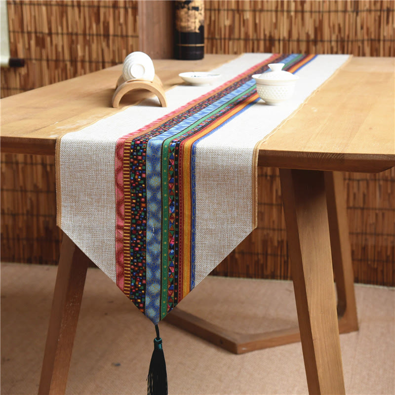 Classic Chinese Style Lotus Koi Fish Flower Crane Calligraphy Enlightenment Cotton Linen Tassels Table Runner