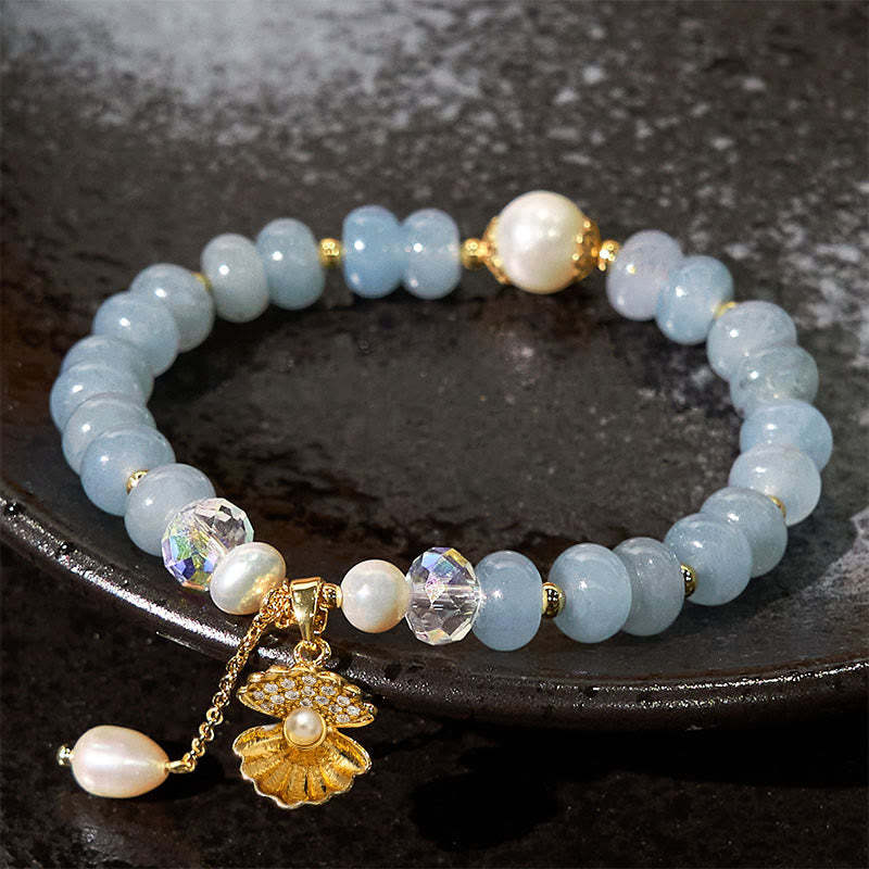 Natural Aquamarine Pearl Shell Healing Bead Bracelet
