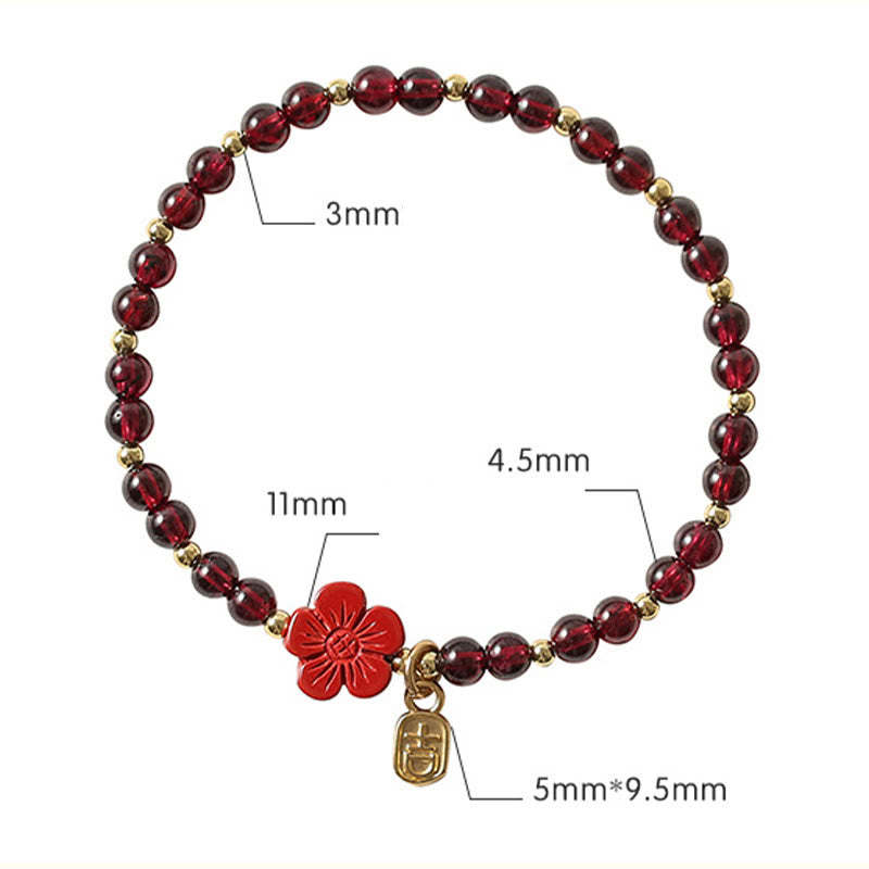 14K Gold Natural Garnet Cinnabar Flower Calm Bracelet