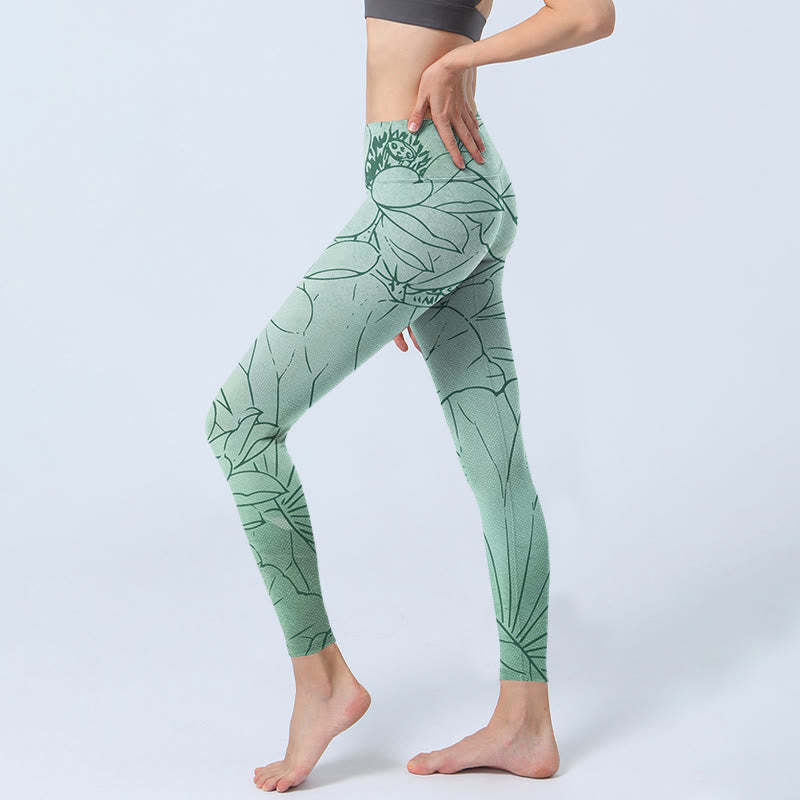 Green Lotus Flower Print Sports Leggings Women's Yoga Pants