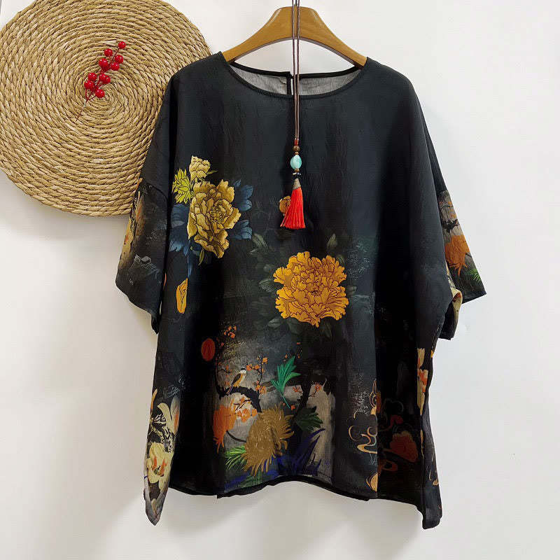 Casual Printed Auspicious Clouds Various Petals Women's Crew Neck Design Half Sleeve Polyester T-shirt