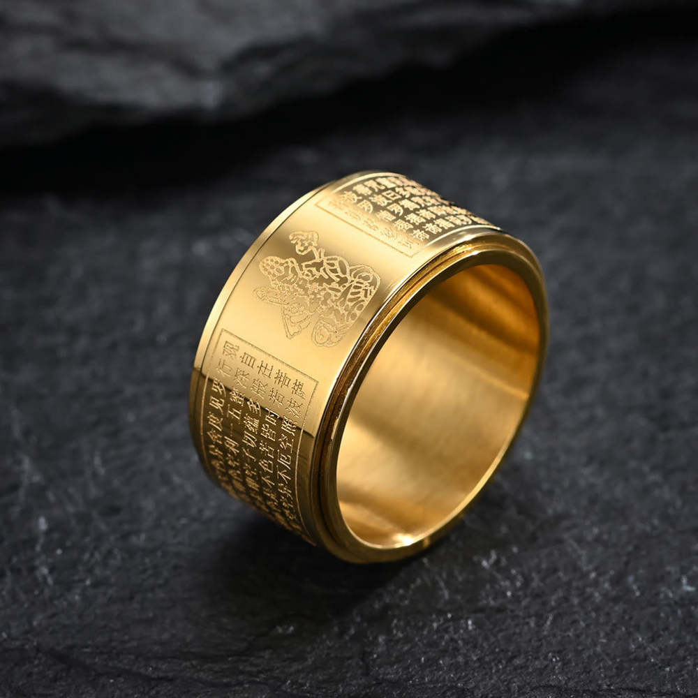 Chinese Zodiac Natal mystic zen Heart Sutra Carved Titanium Steel Calm Rotatable Ring
