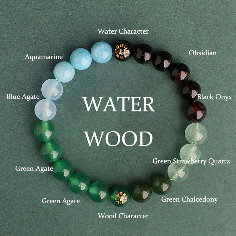 Five Elements Various Agate Crystal Black Onyx Green Chalcedony Aquamarine Wisdom Bracelet