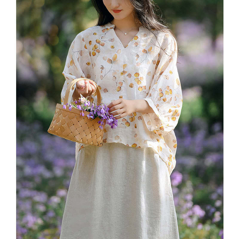 Fruits Leaves Pattern Lantern Sleeve Top Loose Tee T-shirt