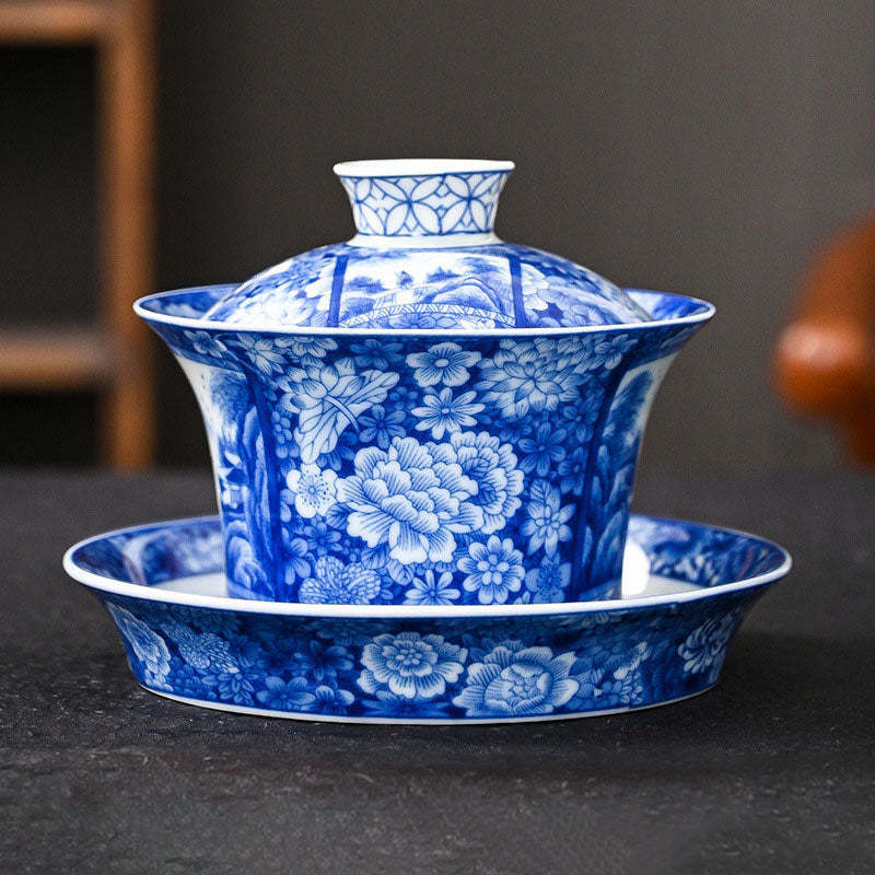 Jingdezhen Dragon Phoenix Pavilion Pine Flower Ceramic Gaiwan Sancai Teacup Kung Fu Tea Cup And Saucer With Lid 170ml