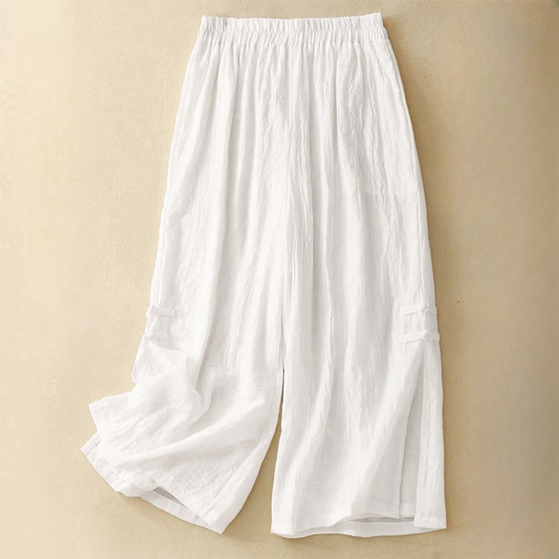 Casual Plain Color Chinese Frog Button Cotton Linen Women's Wide Leg Pants