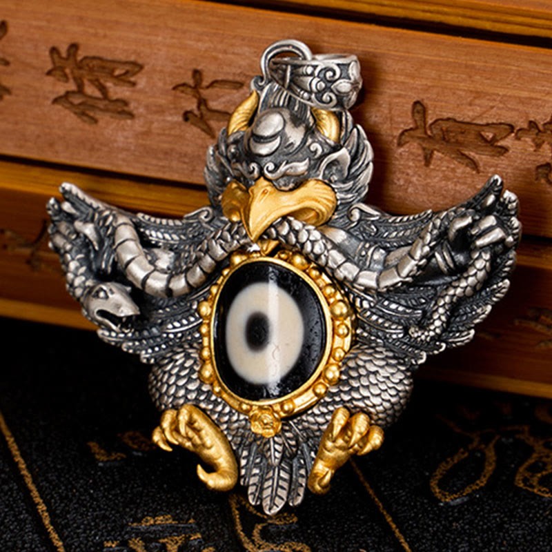 925 Sterling Silver Tibet Garuda Bird Dzi Bead Protection Necklace Pendant