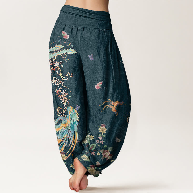 Casual Colorful Phoenix Butterfly Floral Pattern Women's Elastic Waist Harem Pants