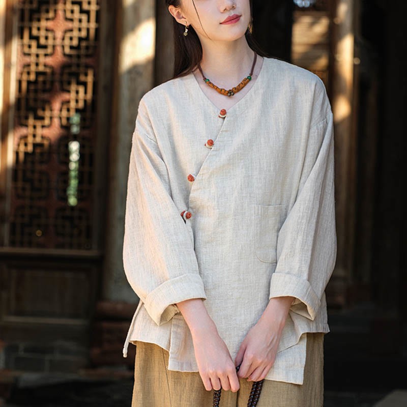 Solid Color Ramie Linen Loose Blouse Long Sleeve Shirt Chinese Hanfu Top