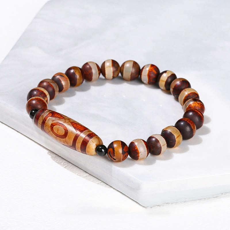Tibetan Nine-eye Dzi Bead Natural Sandalwood White Cat's Eye Agate Power Protection Bracelet