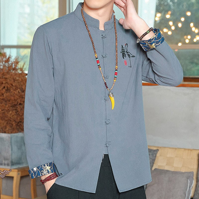 Fall Solid Long Sleeve Frog-Button Shirt Linen Men Zen Clothing