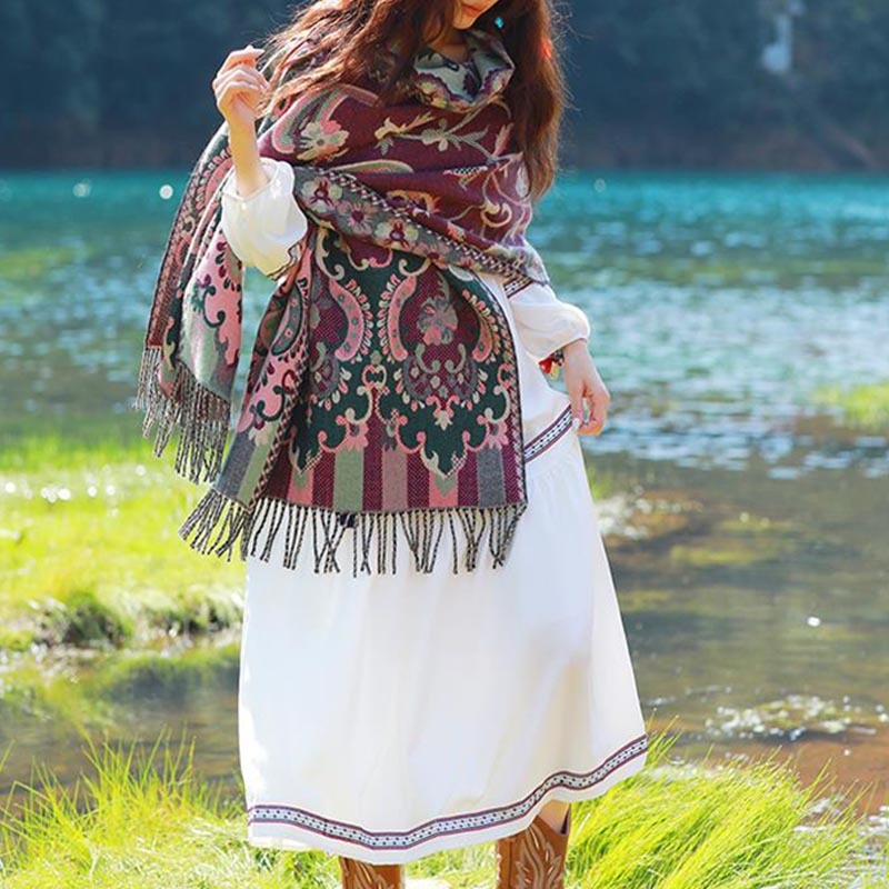 Tibetan Flowers Leaves Branch Design Tassel Shawl Cozy Travel Scarf Wrap