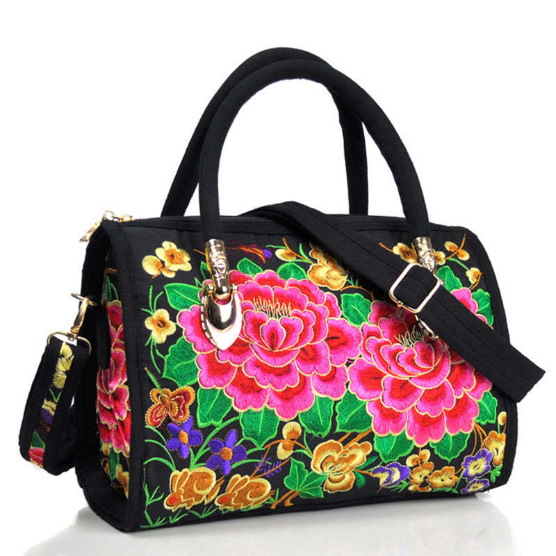 Money Tree Peony Camellia Double-Sided Embroidery Canvas Shopping Purse Handbag Crossbody Bag
