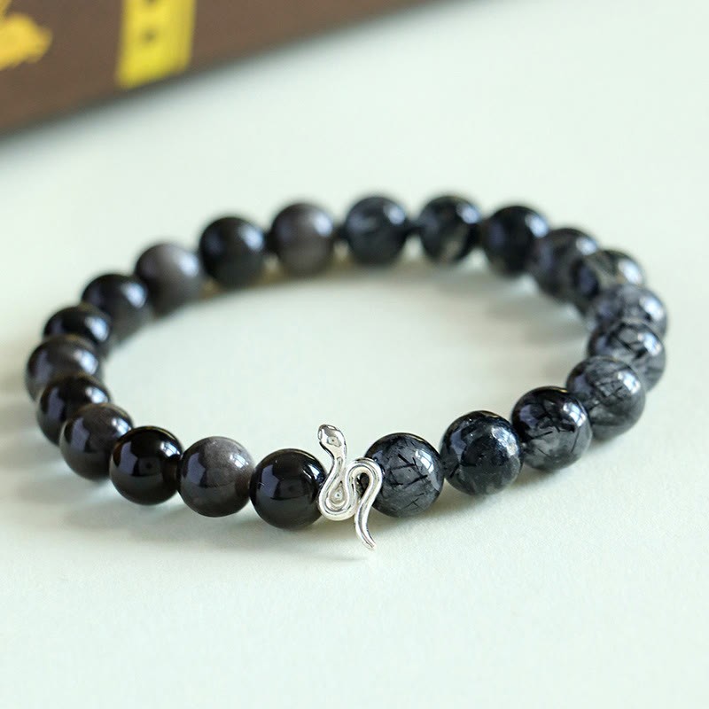 Natural Sun Stone Super Seven Crystal Silver Sheen Obsidian Rutilated Quartz 925 Sterling Silver Year Of The Snake Positive Bracelet
