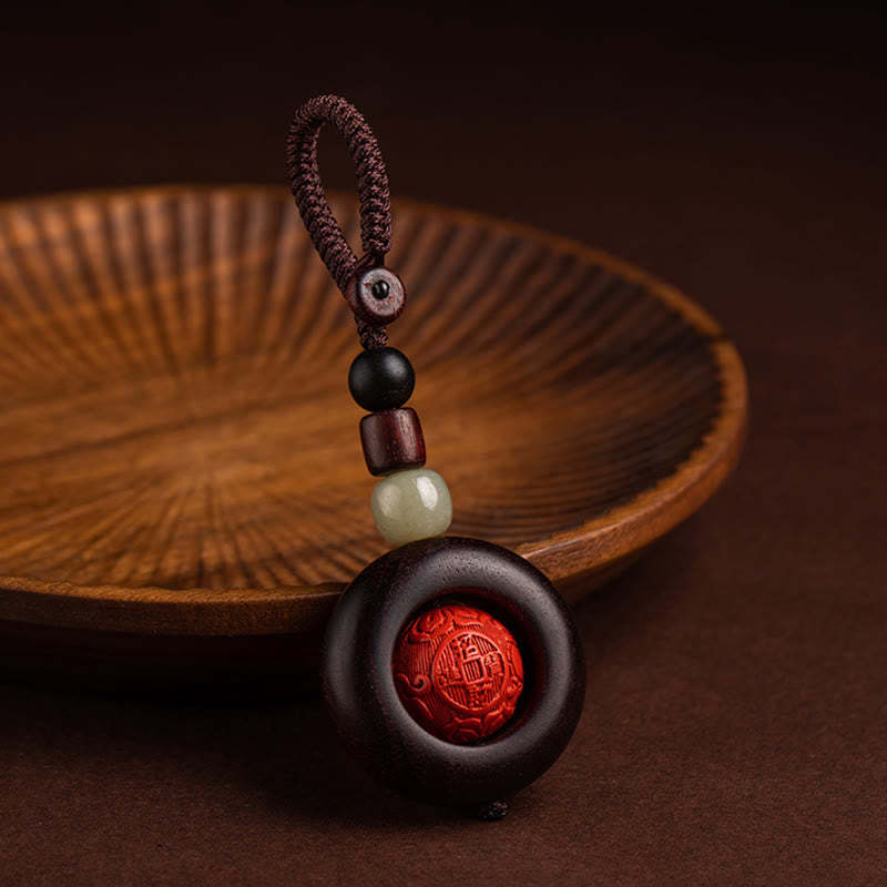 Tibet Om Mani Padme Hum PiXiu Copper Coin Small Leaf Red Sandalwood Cinnabar Protection Key Chain