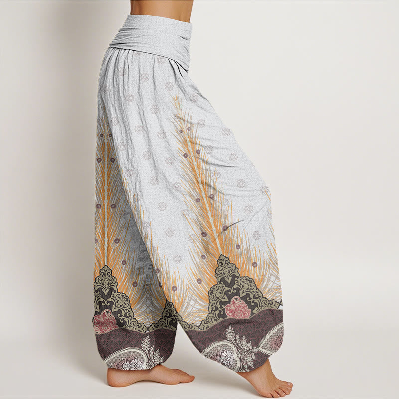 Feather Pattern Design Women's Elastic Waist Harem Pants
