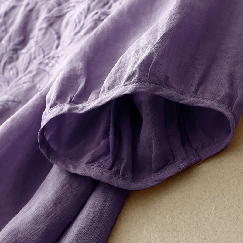 Vintage Casual Pure Leaf Embroidery V-Neck Half Sleeve Cotton Linen Women's T-Shirt