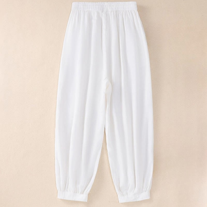 Pure Color Drawstring Frog-Button Cotton Linen Women's Harem Pants With Pockets