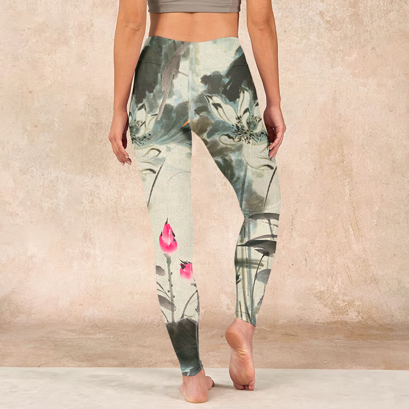 Lotus Bamboo Leaves Print Gym Leggings Women's Yoga Pants