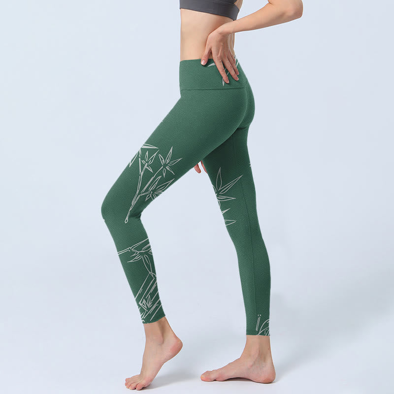 Green White Bamboo Leaves Print Gym Leggings Women's Yoga Pants
