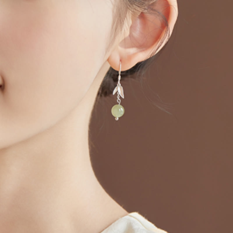 999 Sterling Silver Hetian Jade Bead Bamboo Leaf Luck Drop Dangle Earrings