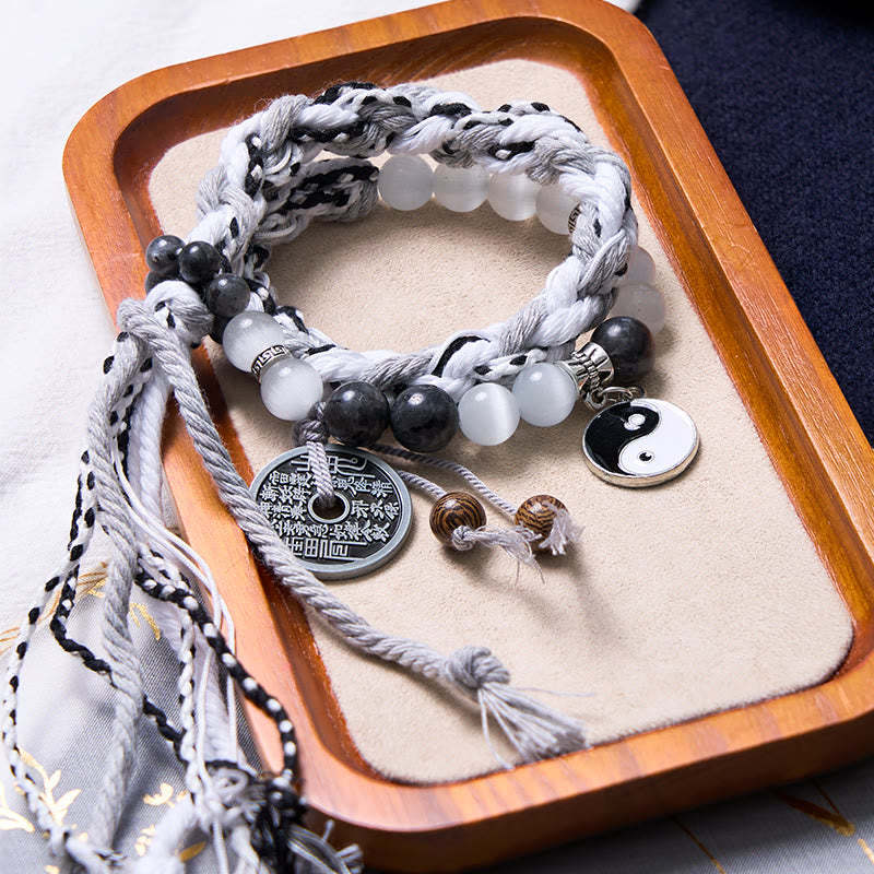 Black Glitter Stone Cat's Eye Yin Yang Mountain Ghosts Spend Money Power Double Layer Rope Bracelet