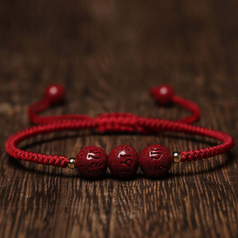 Handmade Cinnabar Om Mani Padme Hum Engraved Beads Blessing Braided Bracelet