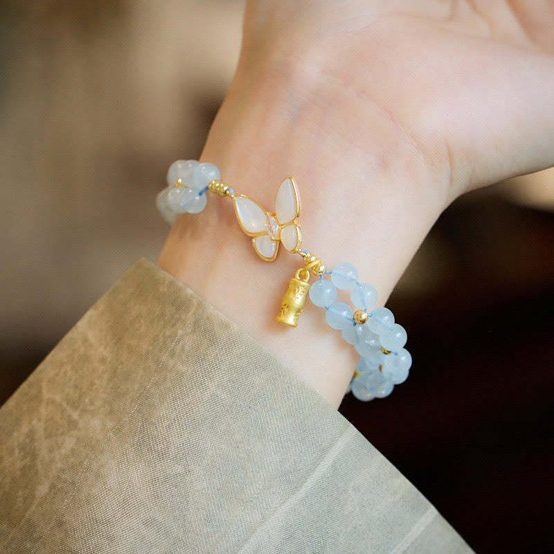 Natural Aquamarine Amethyst Moonstone Butterfly Bamboo Healing Bracelet
