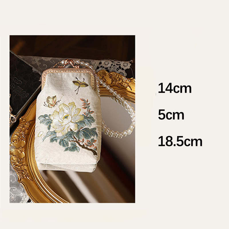 Small Flowers Butterfly Embroidered Pearl Metal Chain Shoulder Bag Crossbody Handbag Cellphone Bag