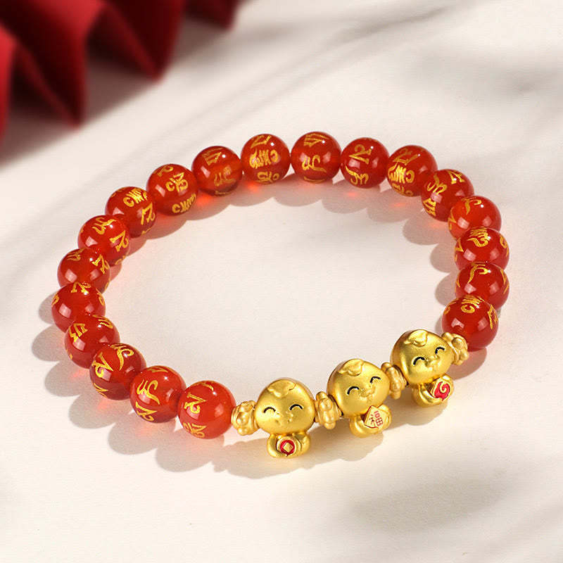 Red Agate Black Onyx Bead Copper Year Of The Snake Fu Character Om Mani Padme Hum Happiness Bracelet