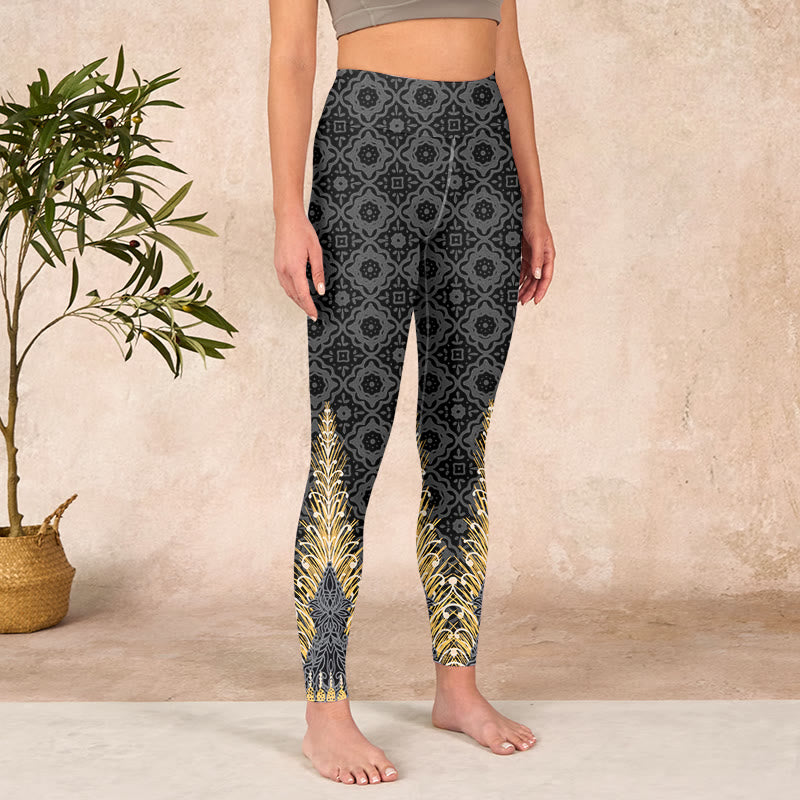Dark Gray Geometric Gold Feather Print Gym Leggings Women's Yoga Pants