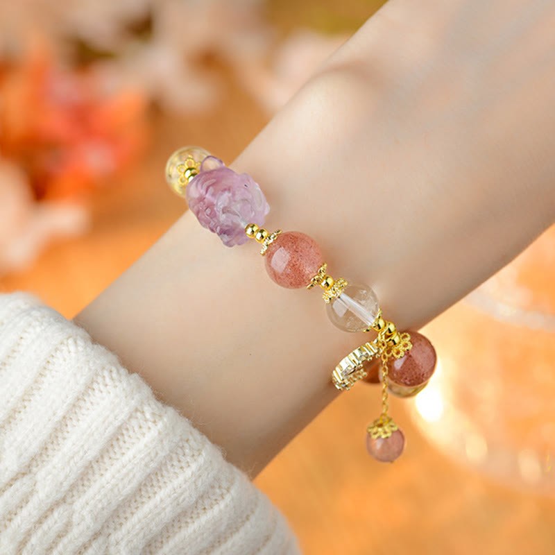 Natural White Strawberry Quartz Crystal Healing Love Nine-tailed Fox  Moon Pendant Bracelet