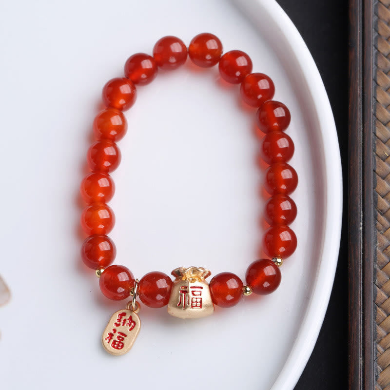 Natural White Agate Red Agate Money Bag Fu Character Four Leaf Clover Protection Bracelet