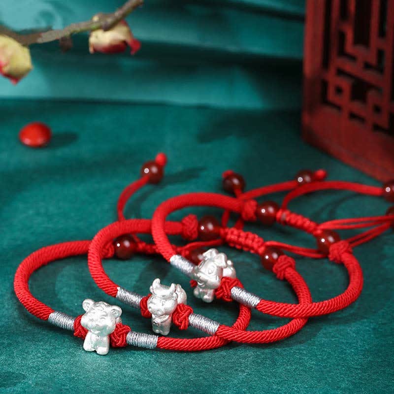 999 Sterling Silver Chinese Zodiac Luck Strength Red String Bracelet