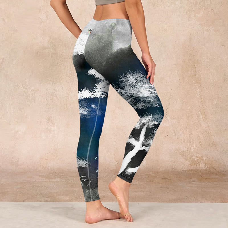 Ink Painting Pine Tree Print Gym Leggings Women's Yoga Pants