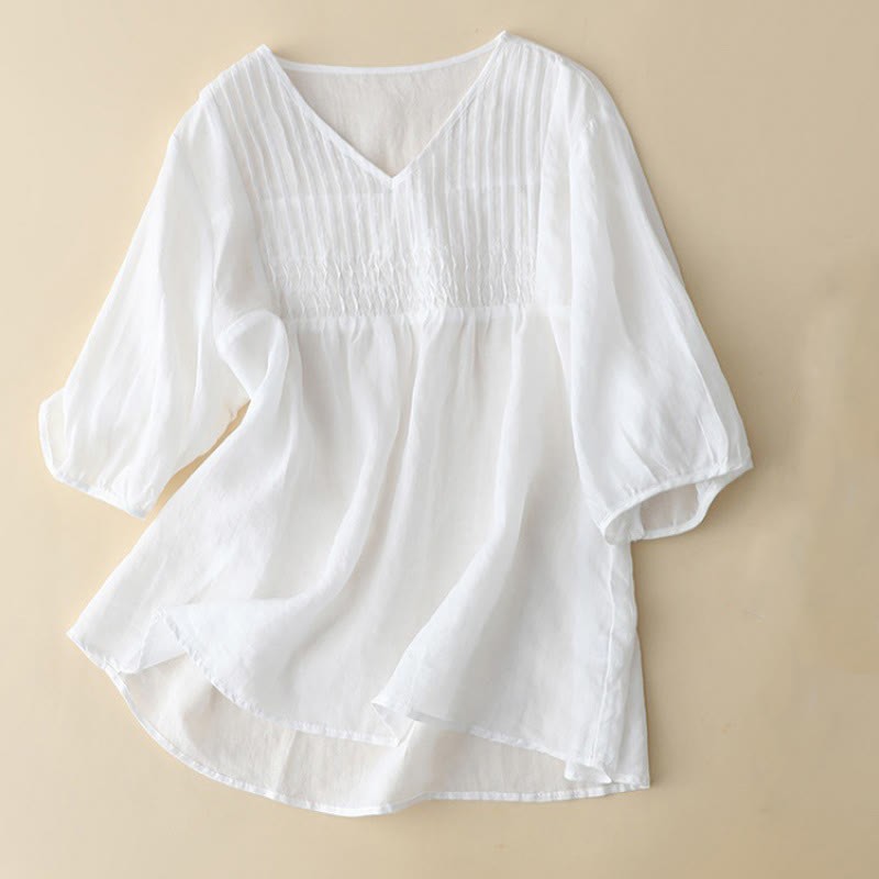 Casual Plain Loose Women's V-Neck Design Half Sleeve Cotton Linen Shirt