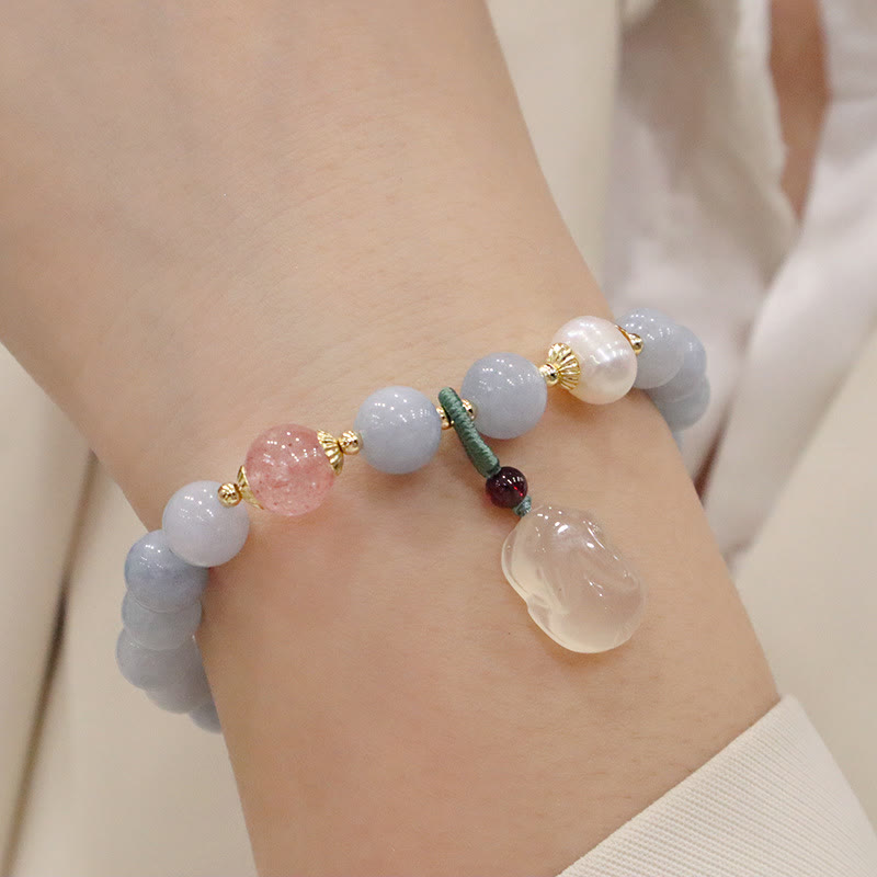 Natural Aquamarine Chalcedony Serenity Rabbit Gourd Cat Charm Bracelet