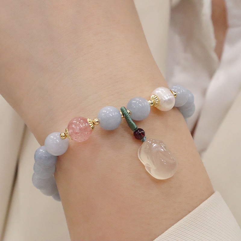Natural Aquamarine Chalcedony Serenity Rabbit Gourd Cat Charm Bracelet